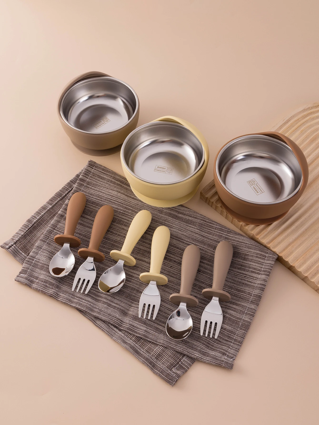 3PCS Baby Feeding Stainless Steel Bowl Fork Spoon Set Detachable Design Silicone Weaning Tableware BPA Free Training Utensils
