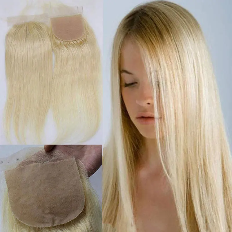 Brazilian Virgin Human Hair Lace Closure For Women Silk Base Top Straight Natural Blonde, Free Part Closure 4x4 