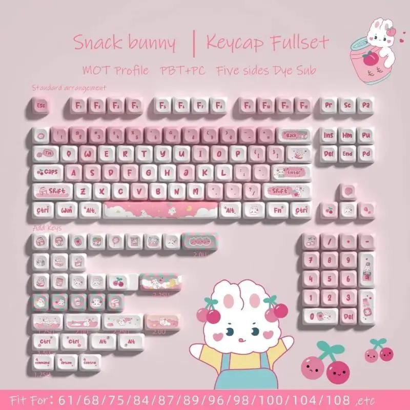 C90F 만화 토끼 테마 138 키 키 캡 기계식 키보드 스위치 용 염료 승화 PBT 키 캡