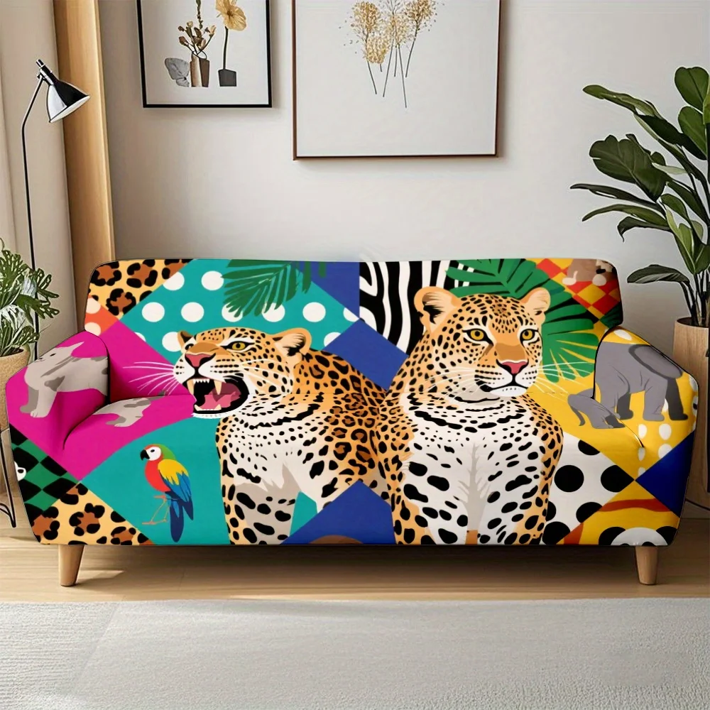 1pc Tropical Leopard Print with Elephant Parrot Patchwork Stretch Sofa Cover, Removable Washable Couch Slipcover