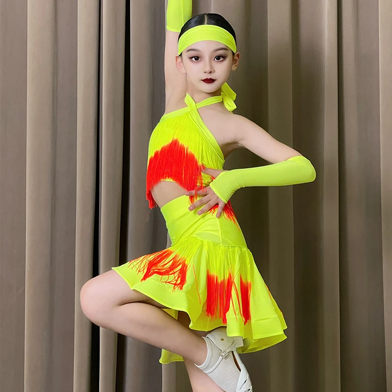 ชุดเต้นลาติน - ชุดฝึกซ้อมเด็กผู้หญิงแบบมีพู่ - ชุดแฟชั่นระดับมัธยมต้น