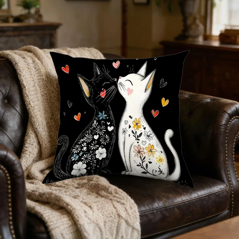 1Pc Black White Cat Floral Love Heart Cushion Cover Soft Sofa Bedroom Home Decor