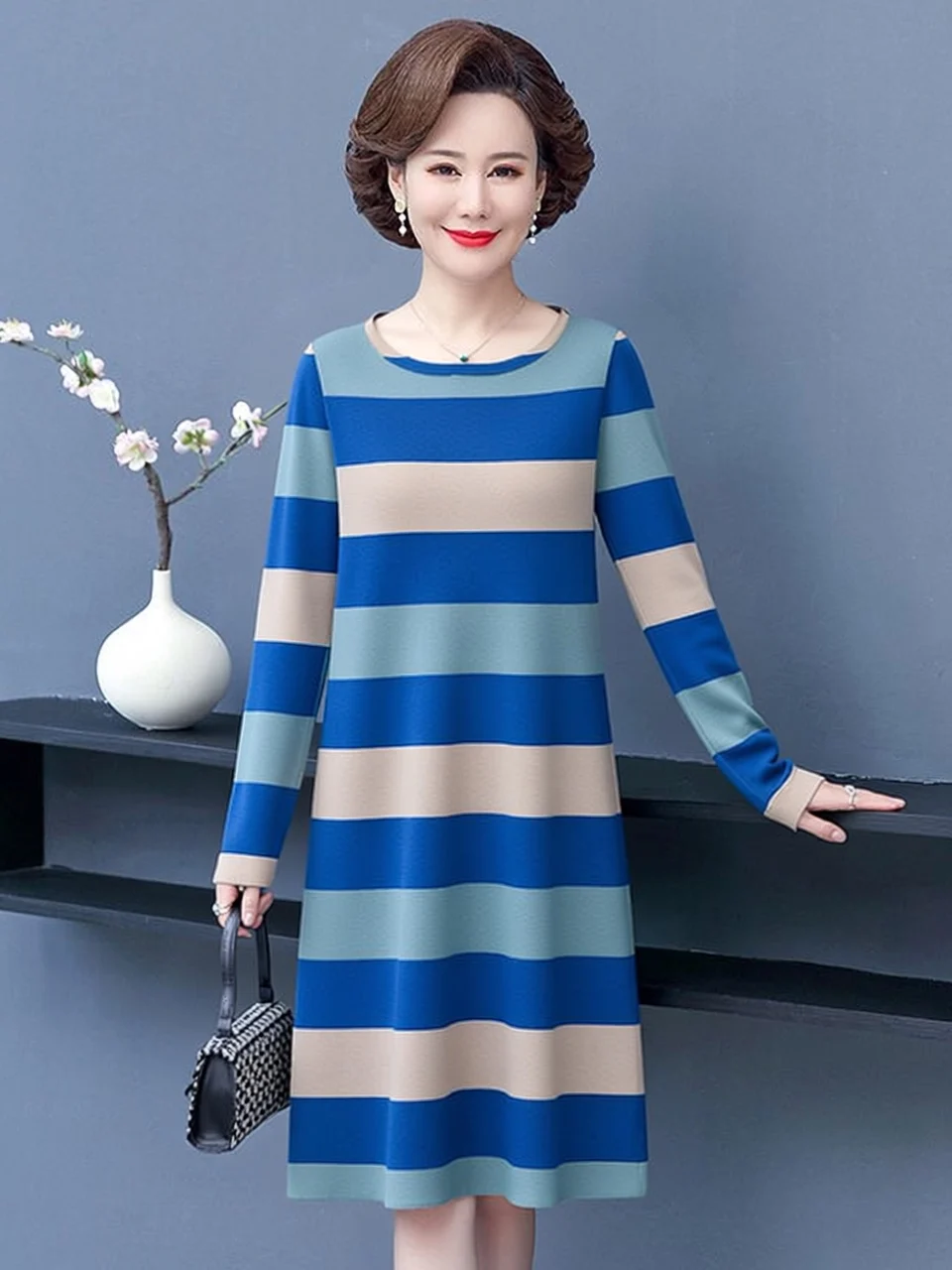 

Удобное полосатое платье миди с длинными рукавами для женщин больших размеров, скрывающее живот, стройнящее, омолаживающее, универсальное, весна-осень, новинка
