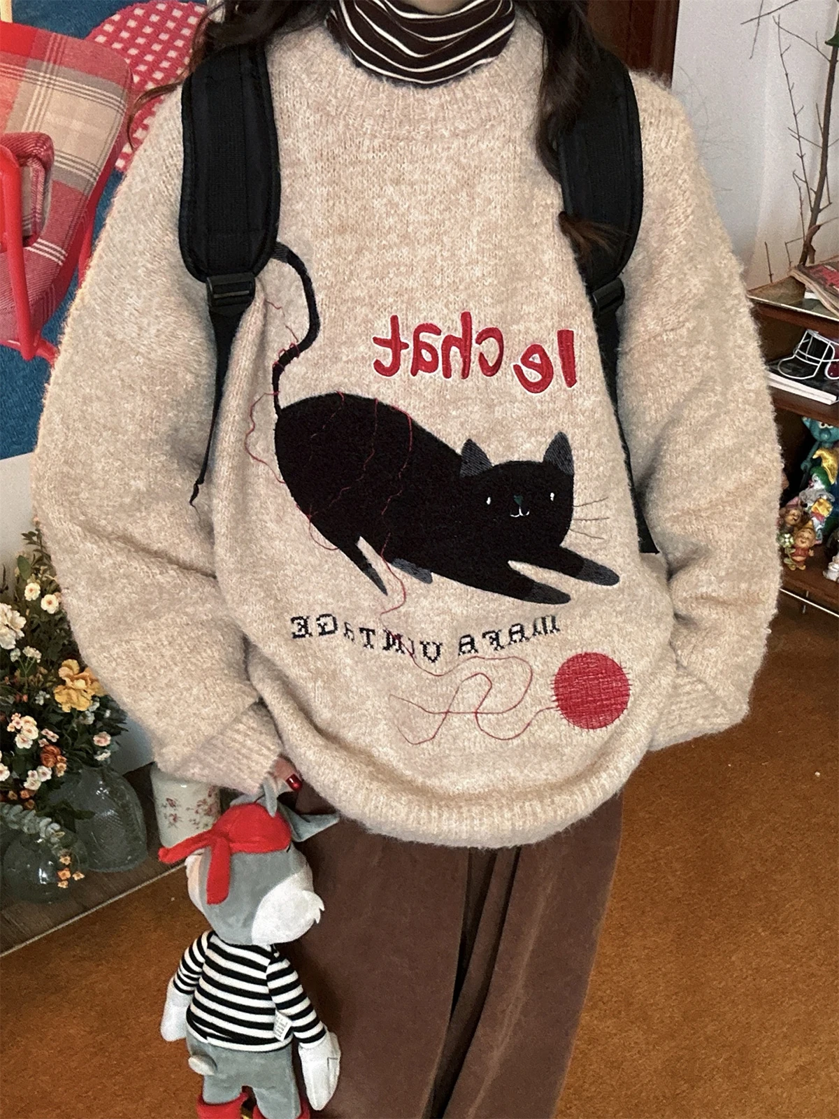 

Свитер с американской вышивкой в стиле ретро для мужчин и женщин, осень-зима, свободный, повседневный, ленивый, вязаный, теплый, теплый, круглый, L...