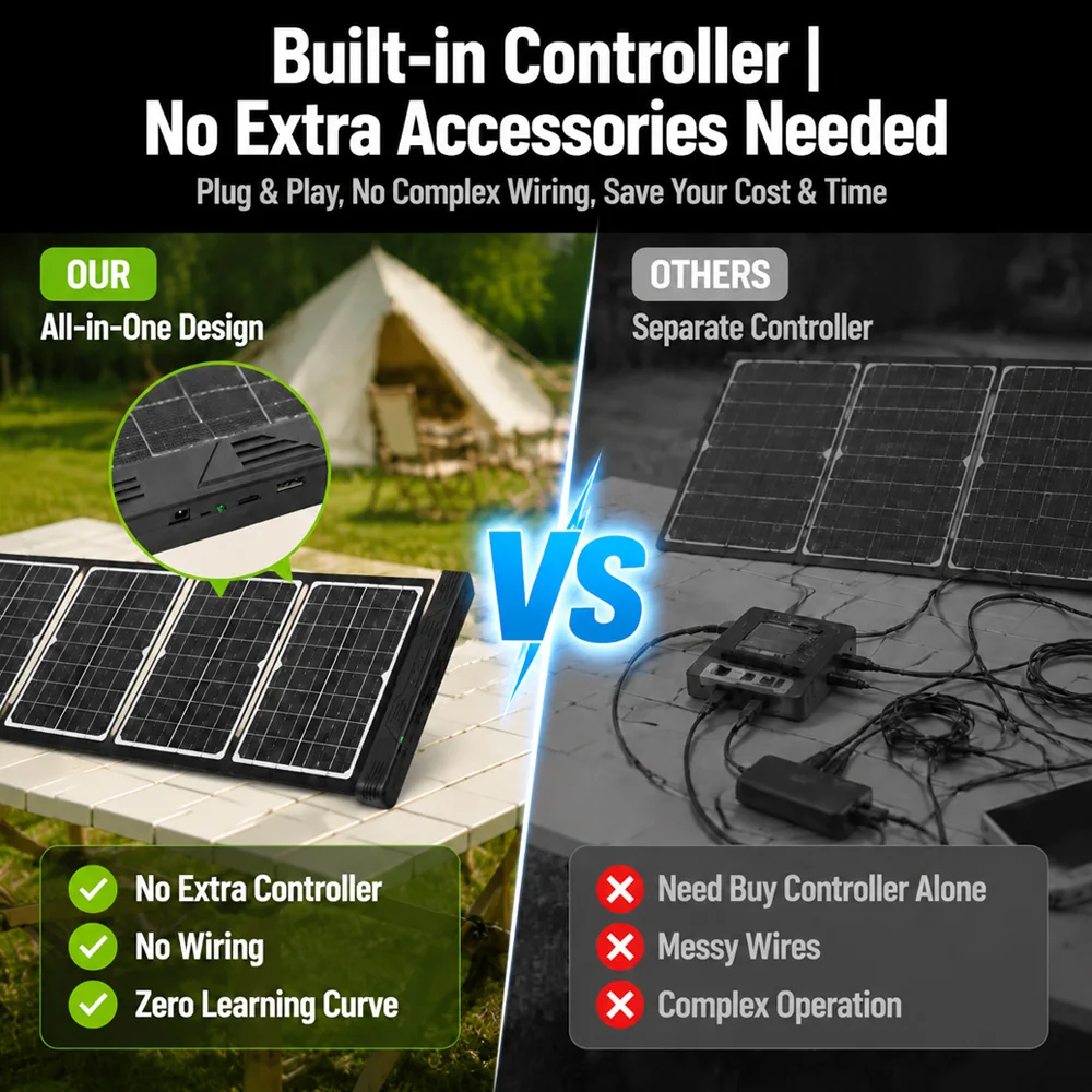 60W Foldable Solar Panel Charger Built-in Controller, 90W Peak Output Solar Battery Charger with DC USB-A Type-C Ports, Compatible with Lithium Lead Acid Battery for RV Car Boat Camping Outdoor Use