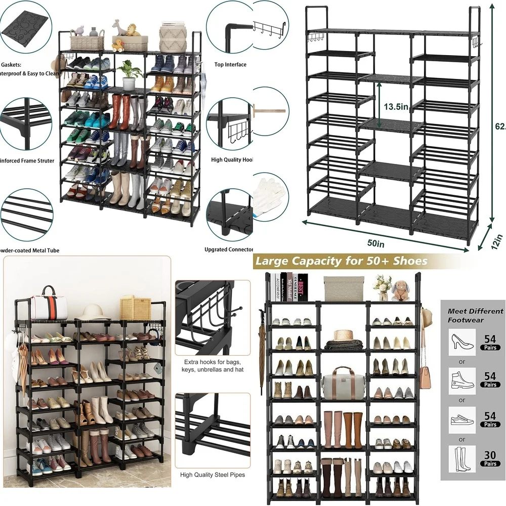 

9 Tiers Tall Shoe Rack for 50 Pairs Large Capacity Metal Shoe Organizer Storage Rack Space Saving Entryway Closet Shelf Modern