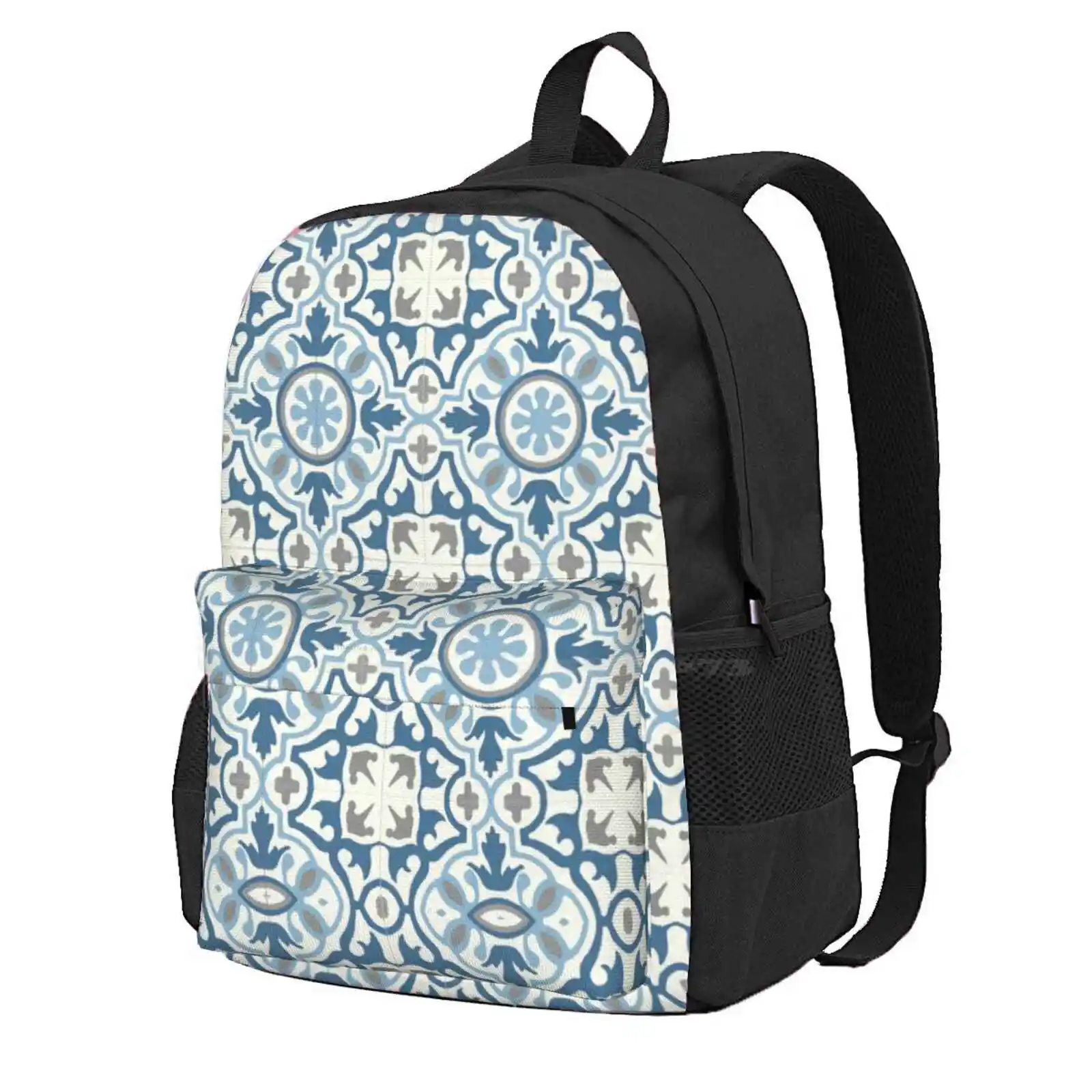 Moroccan Tile Design Hot Sale Schoolbag Backpack Fashion Bags Moroccan Tile Blue Grey Summer Morocco Middle East Spain Beach