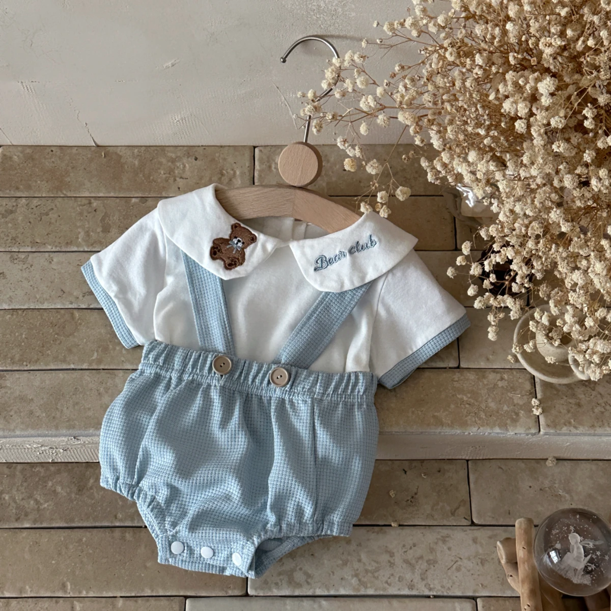 

0-18M Newborn Baby Clothes Set Embroidered Little Bear Cotton Short Sleeve Romper+Suspender Pant Toddler Summer 2PCS Outfit
