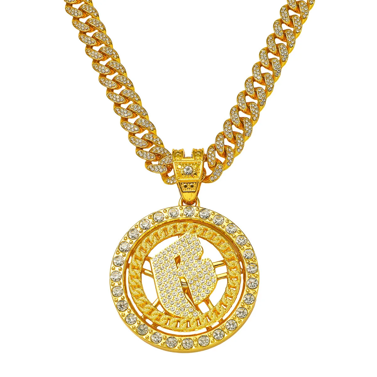 Men's Full Diamond Chain Hip-Hop Style Personality Turn Letter B Pendant Necklace Jewelry