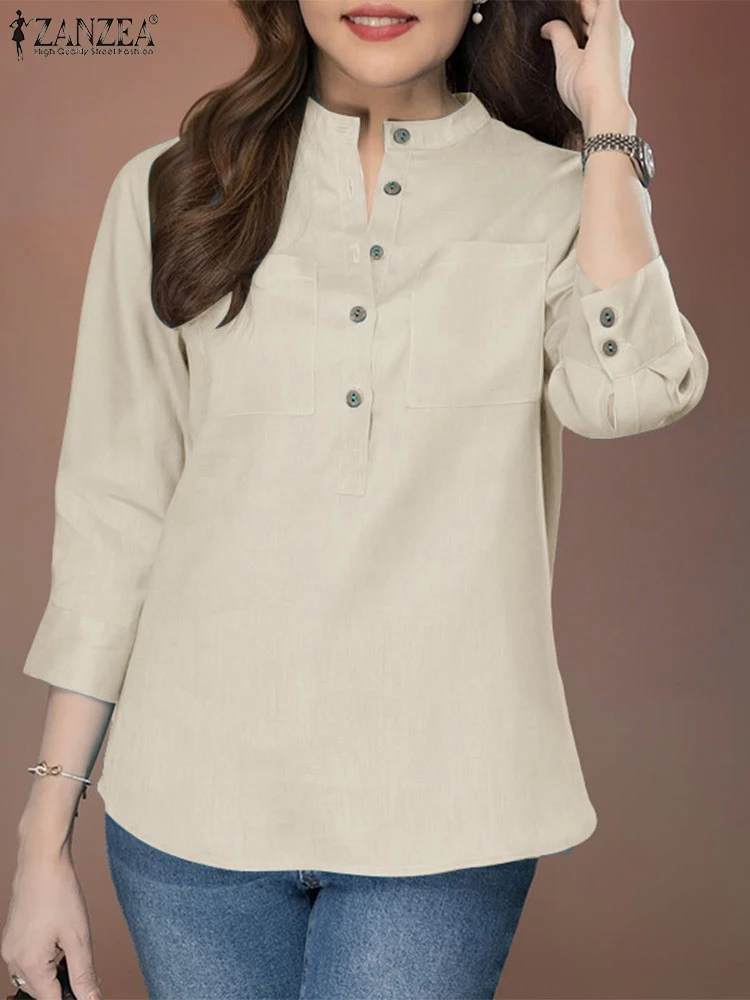 ZANZEA Women 3/4 Sleeve Solid Blouse Summer Vintage Cotton Shirts Casual Buttons Tunic Tops Elegant Work OL Blusas Loose Chemise