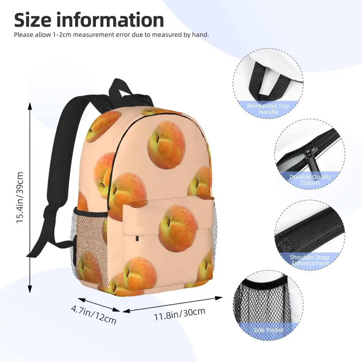 Sac à dos à motif répétitif de pêches réelles, cartable décontracté pour adolescent, sacs d'école pour étudiants, sac à dos pour ordinateur portable, sac initié, grande capacité