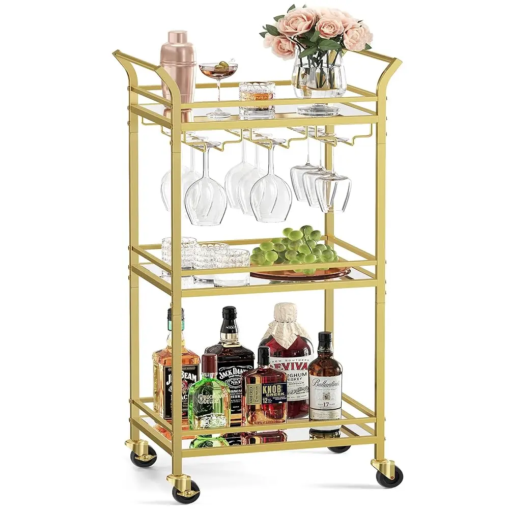 

Bar Cart, Home Bar Serving Cart, Small Bar Cart With 3-Tier Shelf, Wine Holders, Glass Holders, Mini Bar Cart For Small Spaces,