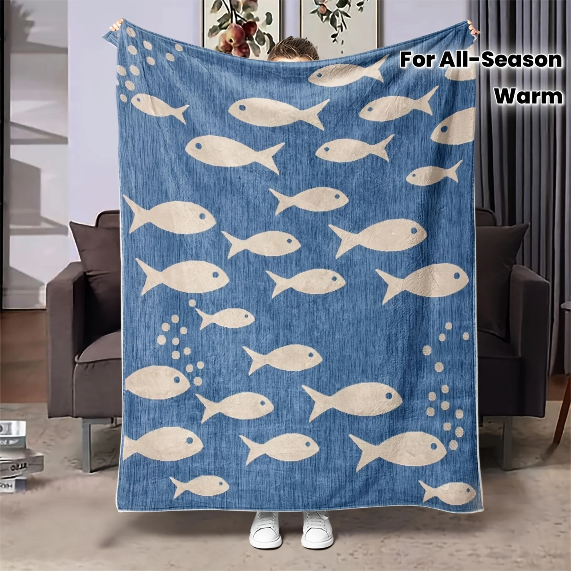 Modern Nautical Fish Bubble Throw Blanket, Blue Texture Sea Animal Warm Blanket for Couch Trip Household Coastal Room Decor