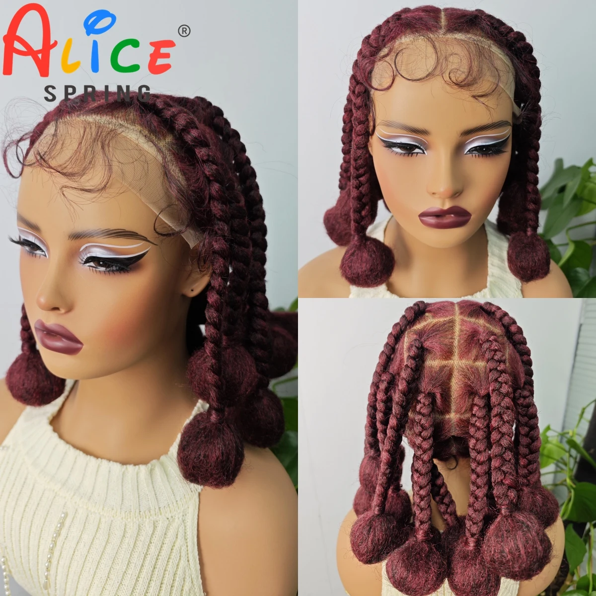 Wig kepang sintetis Burgundy 99J 12 inci renda transparan wig kepang kotak tanpa sisi depan dengan rambut bayi untuk wanita warna hitam