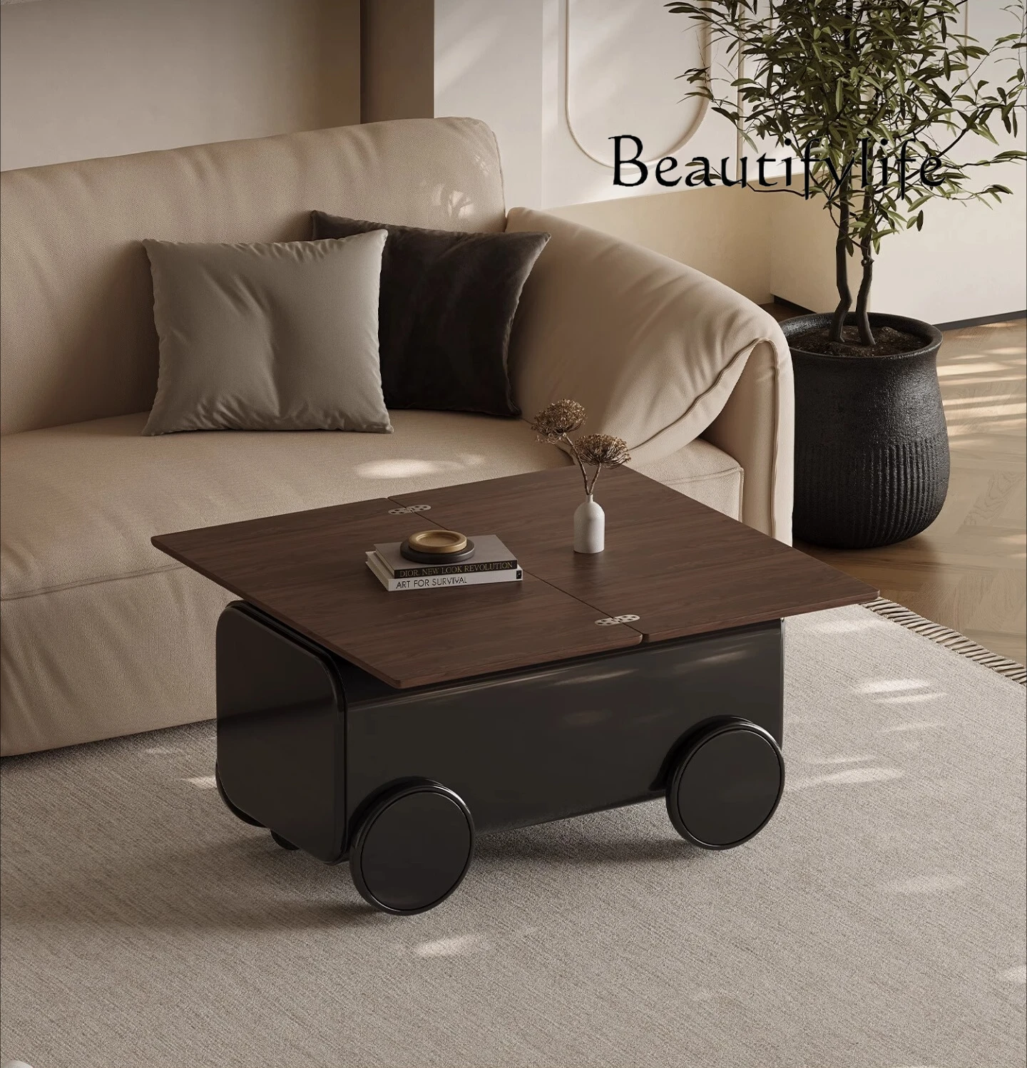 Italian minimalist movable coffee table trolley folding dining table rectangular light luxury living room household solid wood e