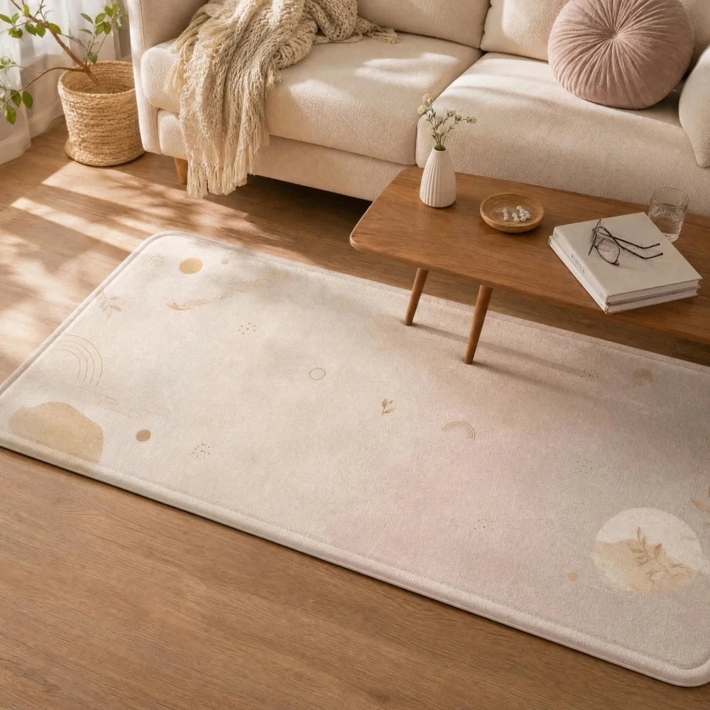 Cream Nordic Abstract Boho Geometric Print Flannel Runner Rug, Light Pink Gradient Minimalist Non-Slip Bedside Floor Mat