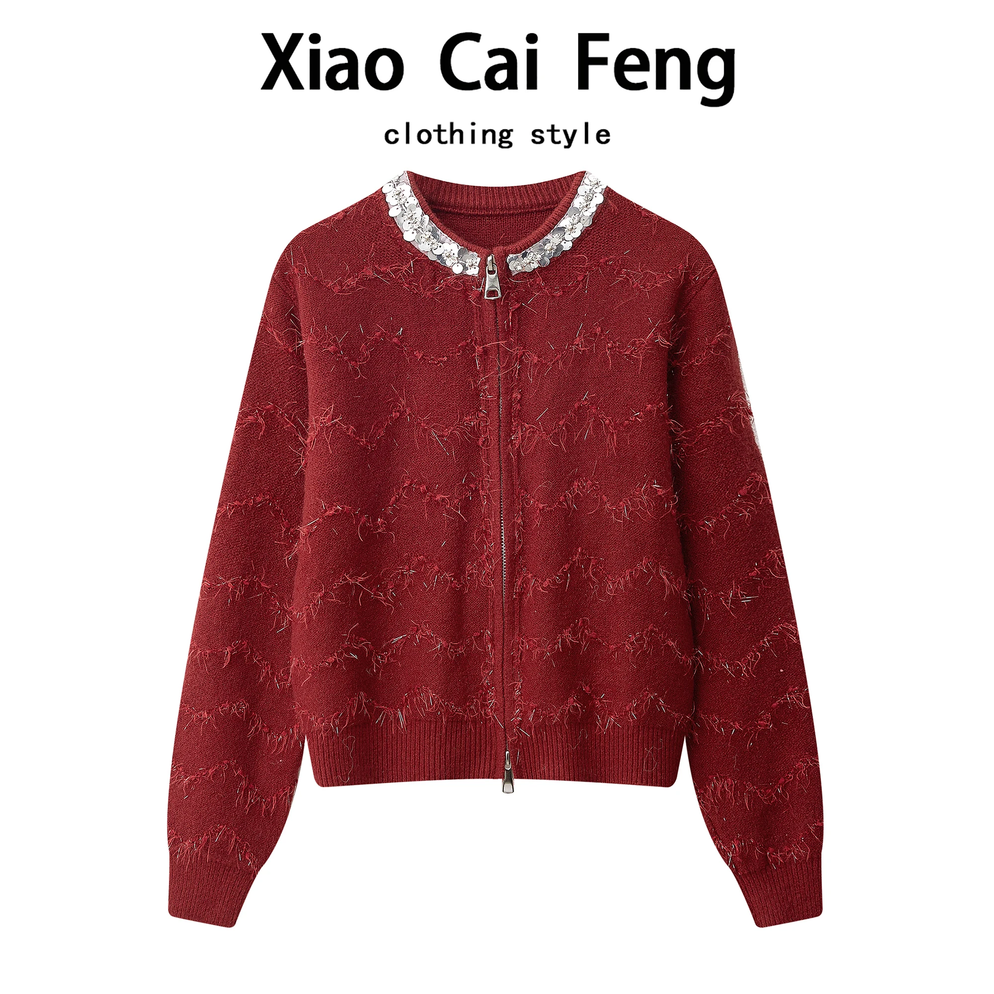 Chaqueta de Punto con Lentejuelas y Flecos, Doble Cremallera Roja, para Mujer, Otoño Invierno, Holgada, Única y Hermosa