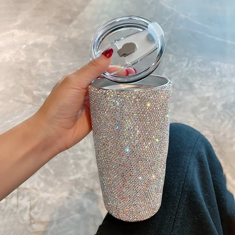 Sparkling Diamond Tumbler Coffee Cup Mug with Lid Shiny Rheinstone Double Wall Stainless Steel Water Cup Vacuum Thermos Bottle