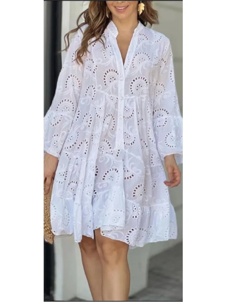 

Spring Summer Women's New Solid Color Sexy V-neck Loose Fashion Embroidered Hollow Lace Flare Sleeves Long Sleeved Dress