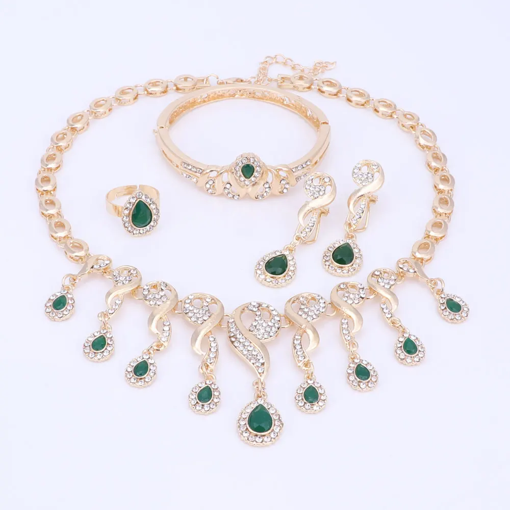 Gold Color Crystal African Beads Jewelry Sets For Women Dress Accessories Wedding Bridal Necklace Earrings Bracelet Ring Sets