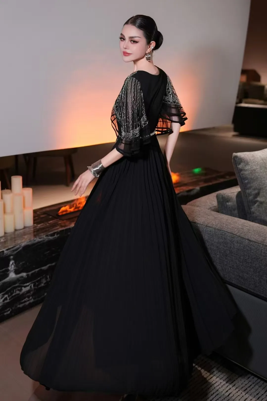 صيف جديد س الرقبة رائعة شبكة حبة التطريز + الخفافيش كم تصميم نوبل وأنيق مطوية كبيرة سوينغ المرأة فستان S-3XL #3