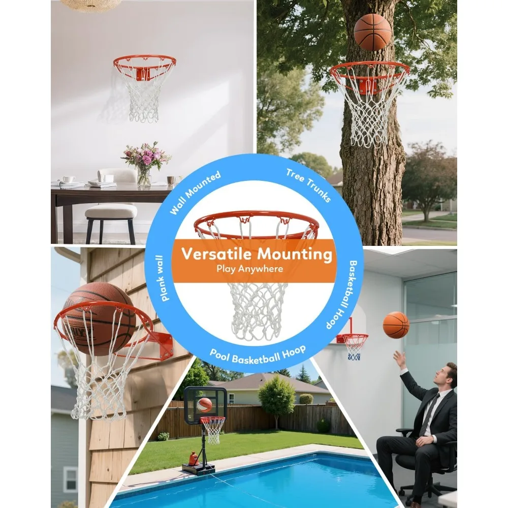18" Heavy Duty Basketball Rim - Solid Steel Pro Hoop with Thick Net, Wall Mount & Replacement Kit