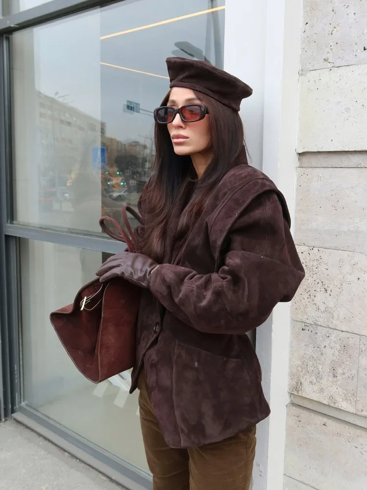 

Wide Shoulders Coat 2025 New Autumn Highstreet Leisure Chic Lady Outerwears Dark Brown Suede Oversized Blazer Women Long Sleeve