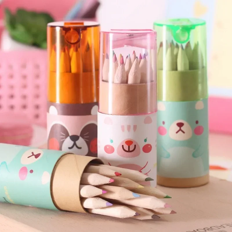 Nuevo 12 unids/set lindo Mini lápiz de colores con sacapuntas Kawaii papelería pintura lápiz para dibujar para niños lápiz de colores