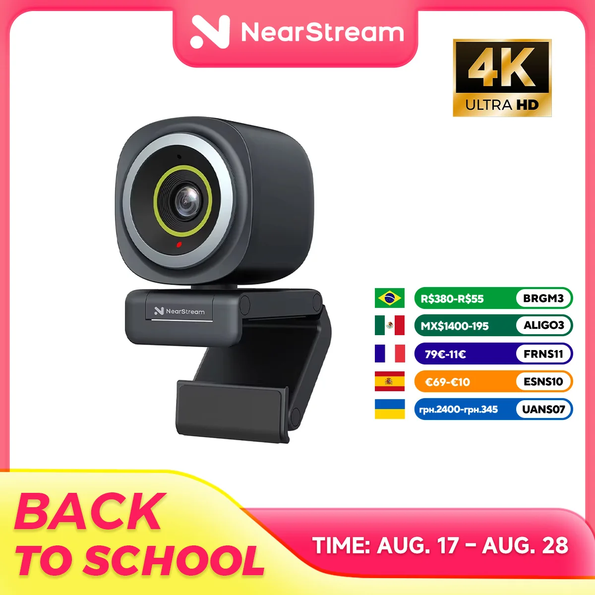 Nearstream 4K ウェブカメラ HDR 1080P@60FPS ノイズキャンセリング マイク 45 ° -95 ° PC用の調整可能なFOVオートフォーカスAIフレーミング