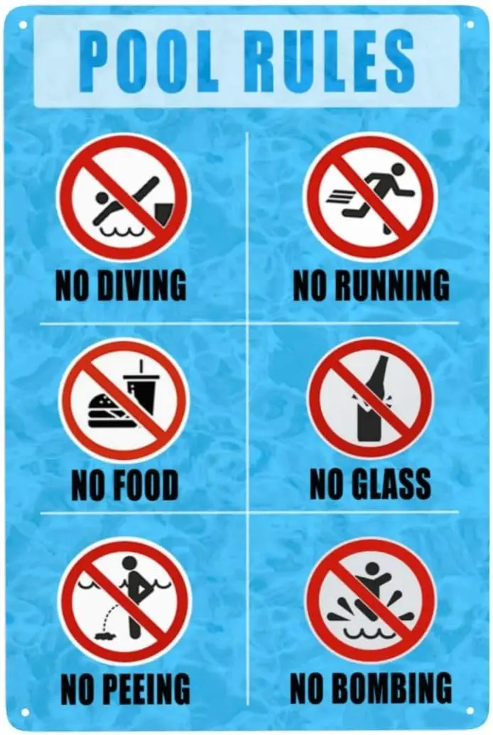 Pool Rules Signs Outdoor,No Running No Diving No Food No Glass No Peeing No Bombing,Metal Swimming Pool Warning Sign for Sw sign