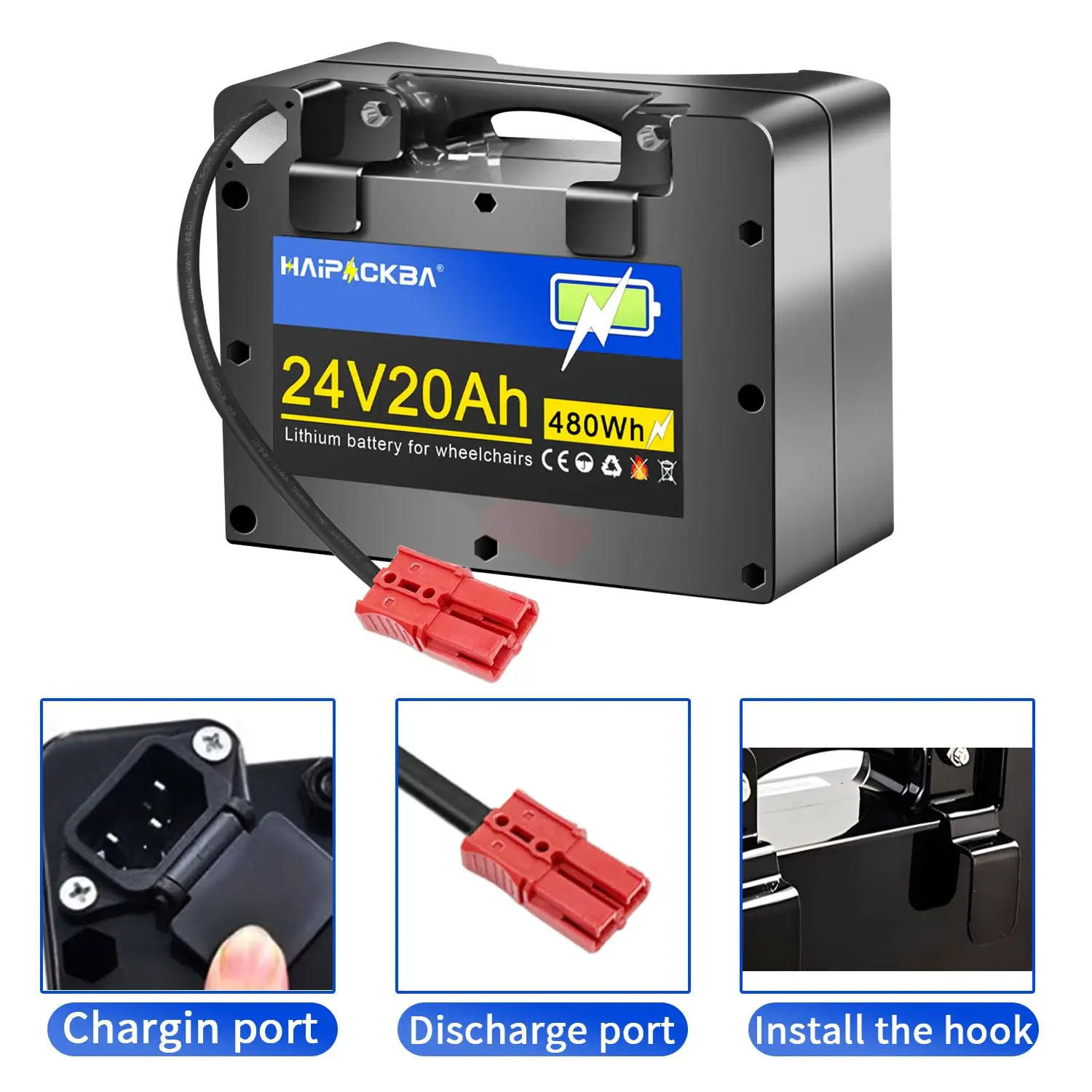 24V 20AH Electric Wheelchair Lithium Battery, Built-in 30A BMS with 29.4V 3A Charger, Suitable for 0W-1000W Wheelchairs,Custom