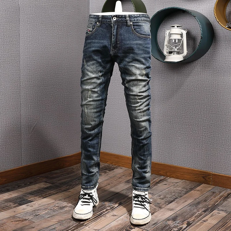 

Italian Style Fashion Men Jeans Retro Washed Blue Stretch Slim Fit Designer Ripped Jeans Men High Quality Vintage Denim Pants