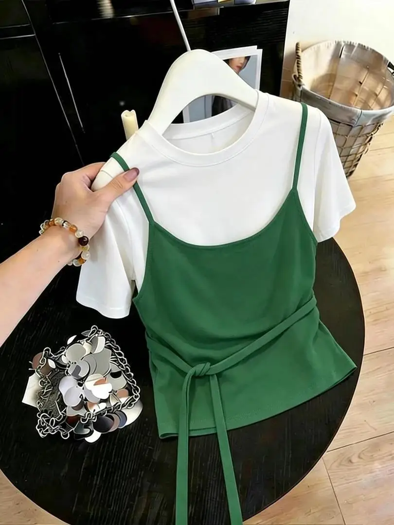 

plus Size Knitted Short Sleeve T-Shirt Women's Summer New Style Slimming Versatile round Neck Top Fake Two-Piece Color Block Tie