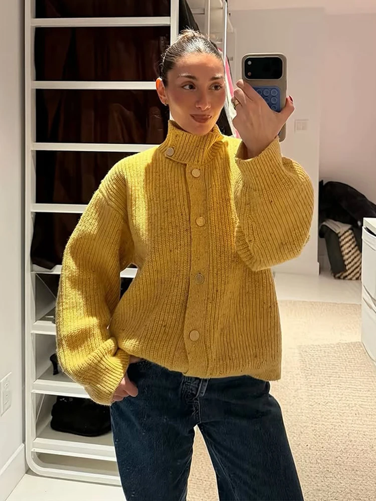 Casual High Neck Cable Knit Cardigan Single Breasted Button Oversized 2026 Autumn Winter Lady Minimalist Cardigan Streetwear