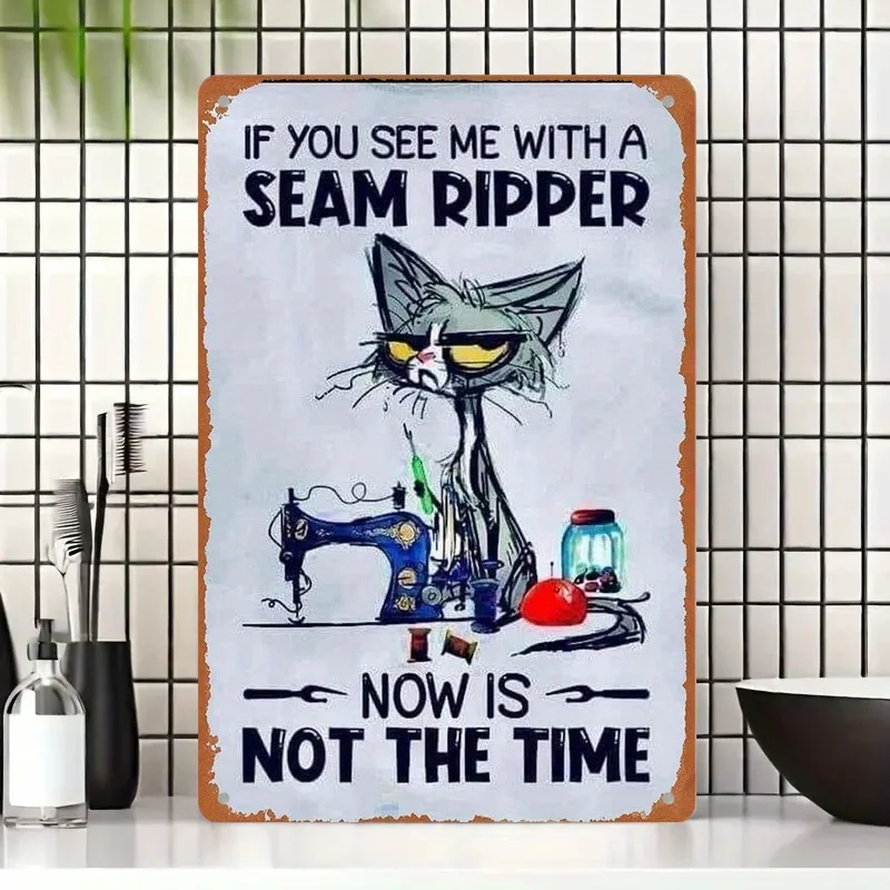Vintage Cast Iron Cat Sewing Poster, , Humorous Wall Decor for Home & Craft Rooms, Durable Metal Sign Enthusiasts, Ir