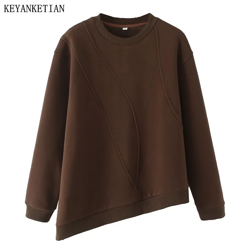 

KEYANKETIAN 2024 New Launch Women's Asymmetrical Design Sweatshirts Pullover Winter Screw Thread Patchwork Oversize Hoodies Top