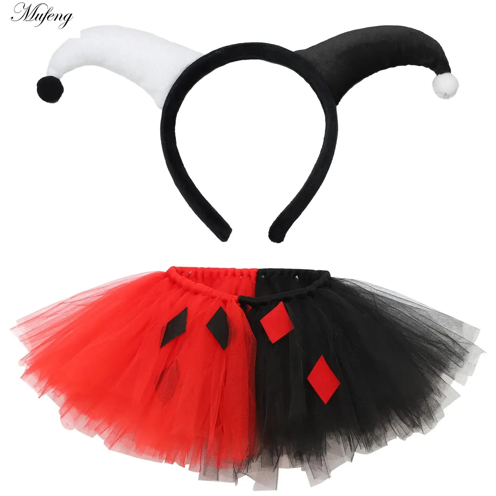 

Women Girls Funny Cute Ribbons Tutu Mesh Skirt with Clown Headband for Halloween Themed Party Cosplay Ballet Fluffye Skirt