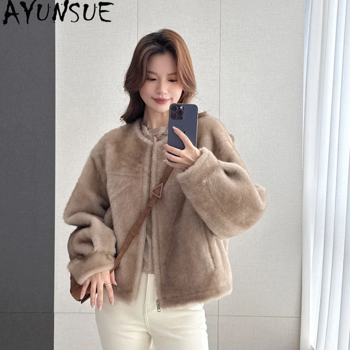AYUNSUE Natural Sheep Fur Coat Women Warm Lagon Lamb Wool Real Jacket Woman Motorcycle Winter Clothes Loose Fit Пальто Женское
