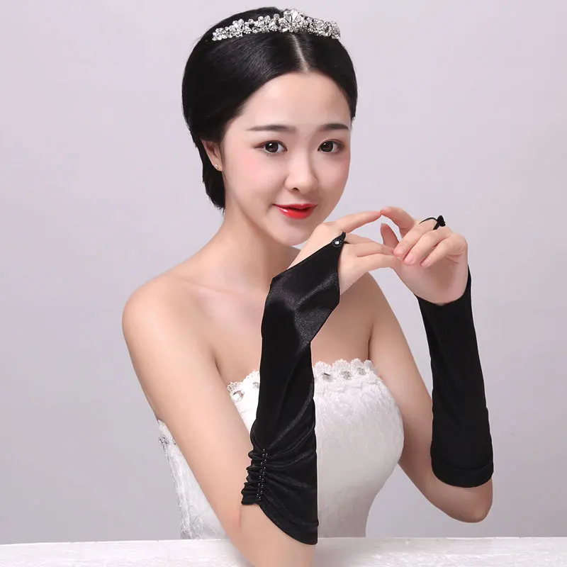 Wedding Accessories Bridal Gloves Elbow Length Bride Gloves Hook Finger Pearls Long White Ivory Satin Fashion Wedding Gloves