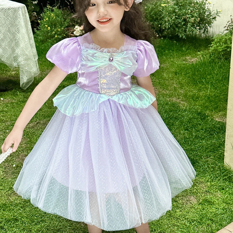 Summer Girls Mermaid Mesh Sequined Princess Dress Short-Sleeved Fluffy Kids Gauze Tutu Skirt Party Dress Cos Clothes Gift New