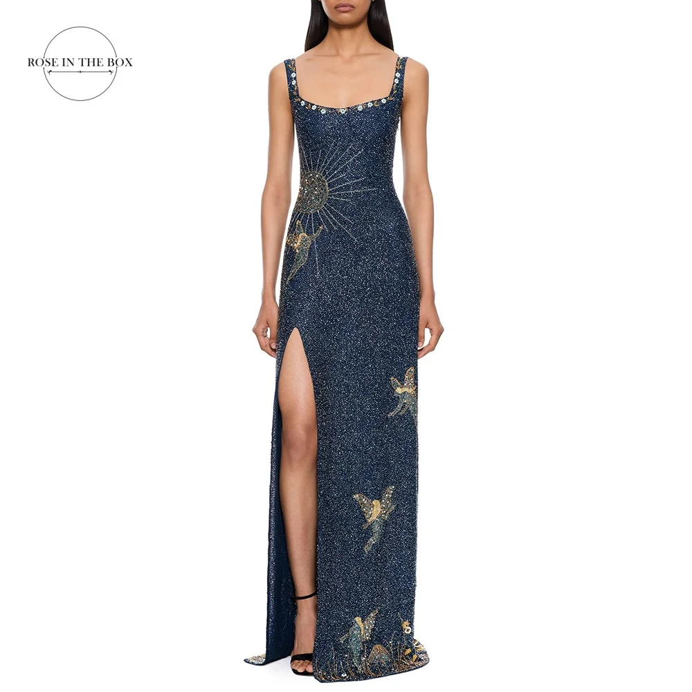 ROSEINTHEBOX Luxury Evening Dresses Sleeveless Hand-sewing Sparkling High Side Slit Elegant Mermaid Beaded Party Dress Formal