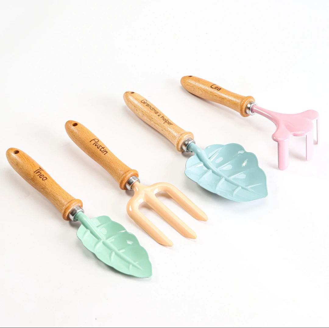 Personalized Kids Garden Tools Set for Little Gardeners, Custom Engraved Name Wooden Handle Gardening Shovel Rake Fork Spade,