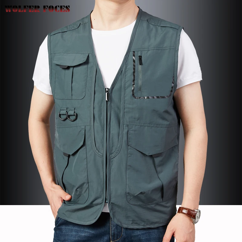 Men's Work Vest Summer Large Size Hunting Mens Motorcyclist Clothing Sleeveless Jacket Cardigan Multi-pocket MAN