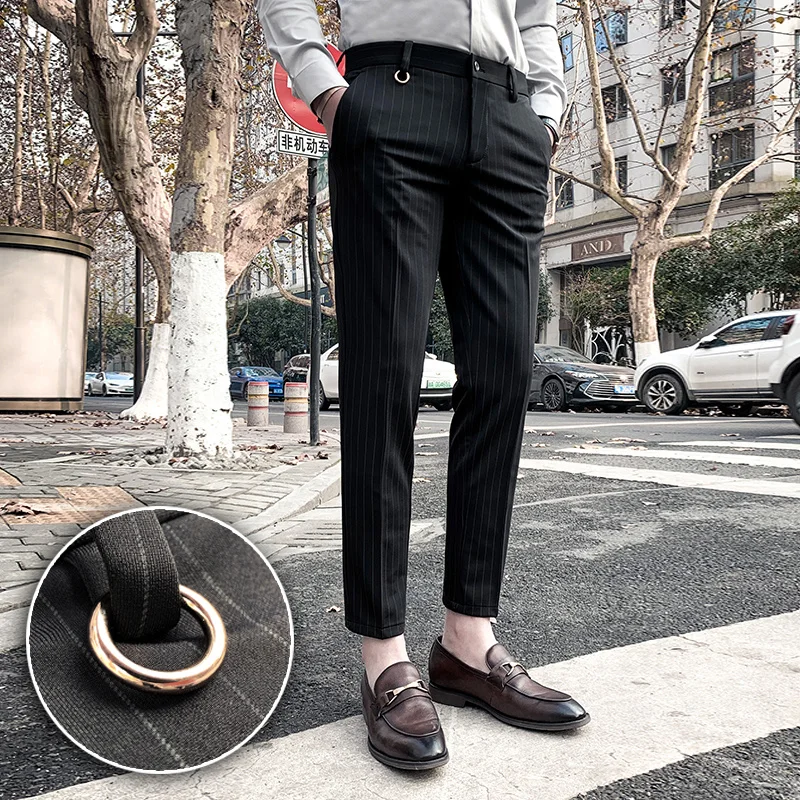 Men\'s Suit Pants Dress Pants New Stretch Slim Straight Black Striped Formal Pants Boutique Fashion Men\'s Clothing Ankle Trouser