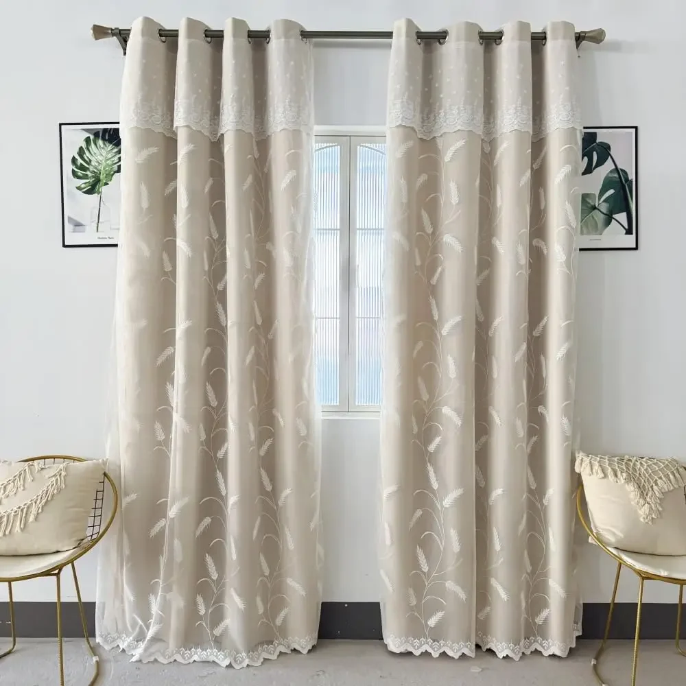 1 Panel Simple Double Layer Floral Curtains for Living Room Embroidered Curtain with Valance Bedroom