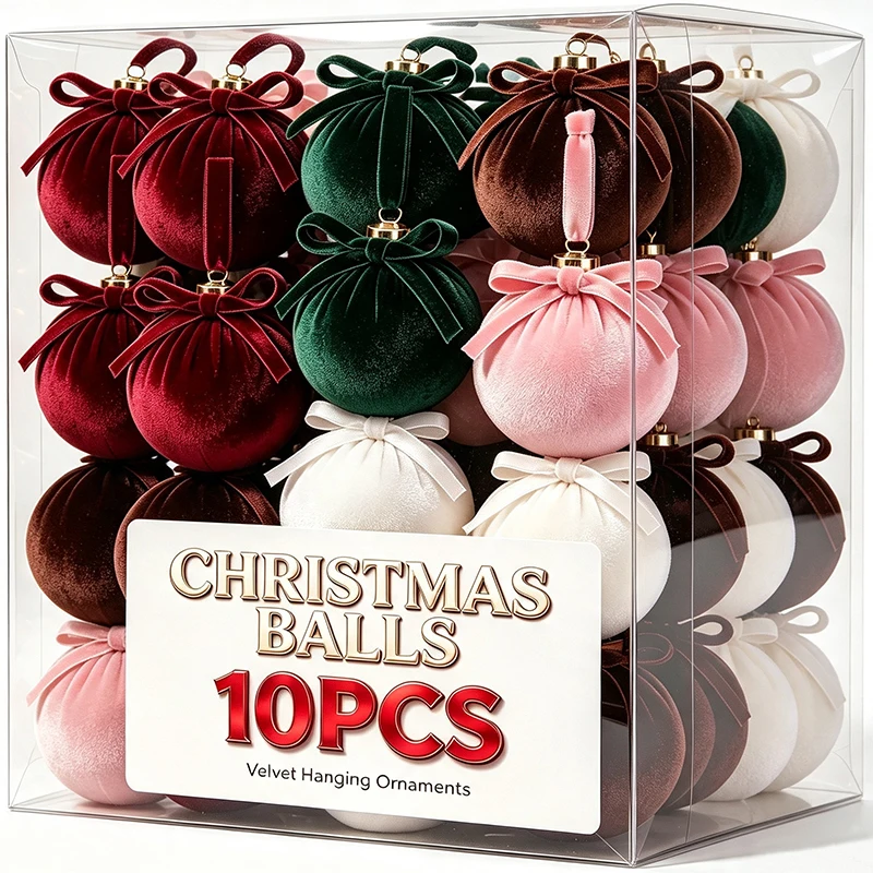 10/1PCS Christmas Ball Set Velvet with Bows 8cmXmas Tree Ornament Balls Pendant DIY Craft Home Party Window Decoration Supplies