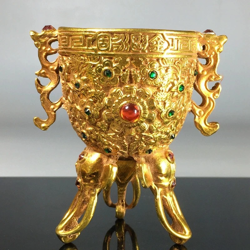 Antique Bronze Ritual Cup Double Dragon Handle Three Elephant Legs Inlaid Beads Wine Goblet Sacrificial Vessel Collectible Decor