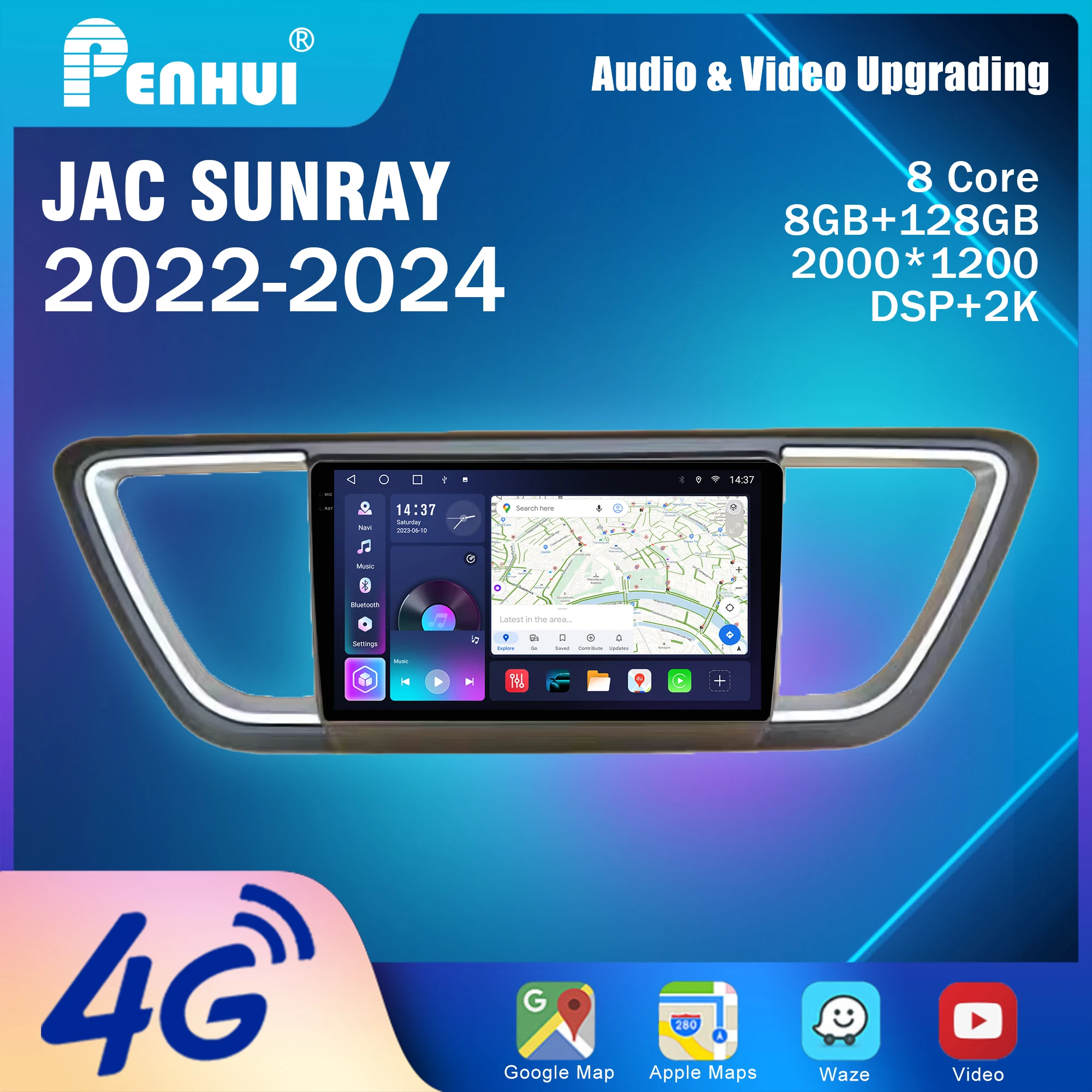 Penhui Android Car DVD Player 2 Din for JAC SUNRAY 2022-2024 Multimedia Screen with DSP, Bluetooth, Audio & CarPlay