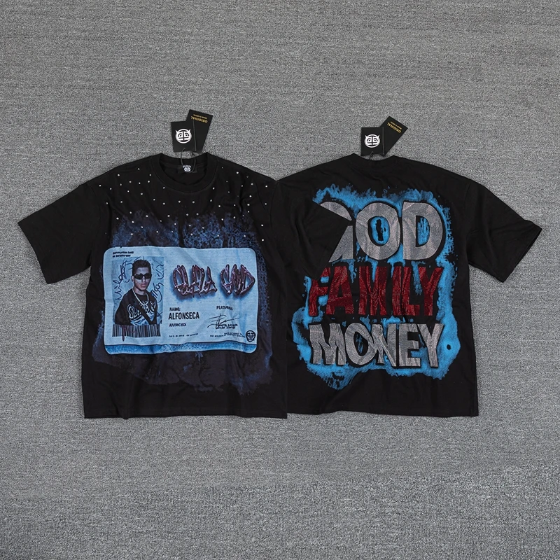 Retro Nachthimmel-Landschafts-Grafik T-Shirt Damen Strassbesetztes Weites Schwarzes T-Shirt Y2K Punk Hip-Hop Streetwear T-Shirts Tops Herren – Detail 3