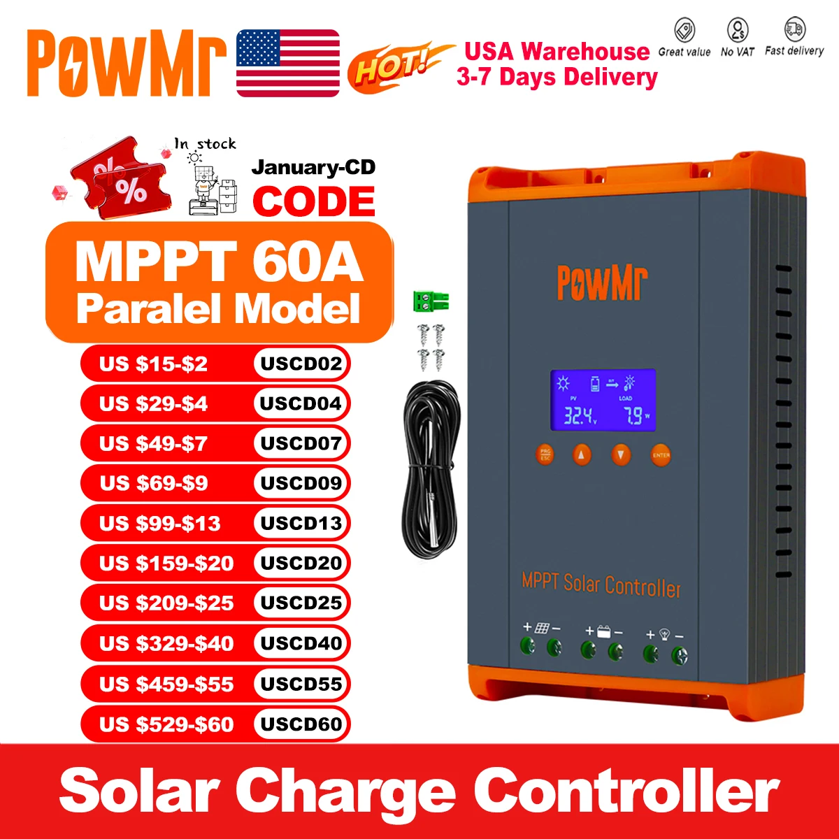 PowMr USA 60A MPPT controlador de carga Solar puede paralelo 12 piezas de carga 12V 24V 36V 48V LifePo4 batería Max 160VDC Panel Solar